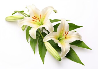Beautiful fresh lily flower with green leaves, isolated on white background.