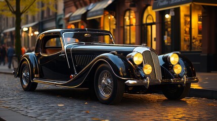 Obraz premium A sleek black car parked on a brick road, its wheels glinting in the sun as it sits in front of a grand building, the tire marks on the ground leading towards the bustling street