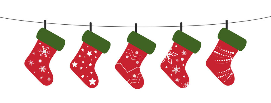 Christmas socking garland. Home decoration. Red stock for present. Merry Christmas. Cute vector illustration.