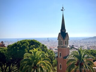 church in the city, park, guel, Barcelona, spain
