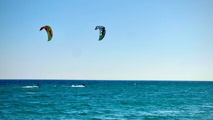 kite sufing in the mediterranean sea, premia de mar, spain - obrazy, fototapety, plakaty