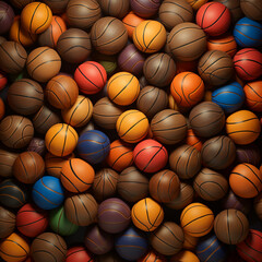 Fondo con detalle y textura de multitud de pequeñas pelotas de baloncesto con diferentes colores