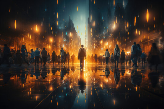 Businesspeople walking on a blurry street