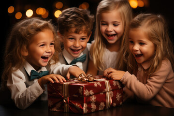 happy kids opening present box, generative ai
