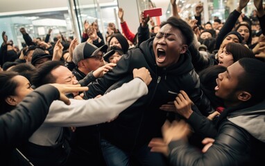 A crowd of people jostle to grab discounted clothes in a shopping center. Black Friday Sale.