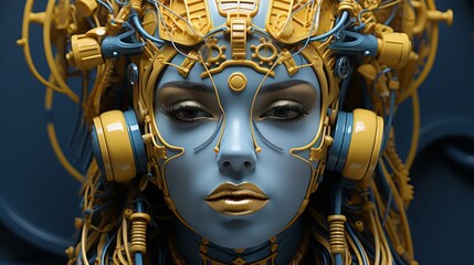 Golden rays dance upon the metallic curves of a bronze-clad figure, embodying the fusion of art and technology in a stunning sculpture of a woman adorned in a robot garment
