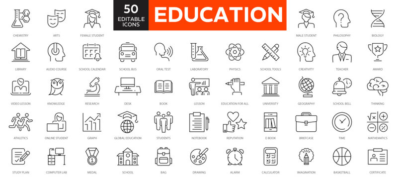 Education thin line icons collection. Editable stroke. Vector illustration. Containing knowledge, college, task list, design, training, idea, set of icons Learning icons for web and mobile.