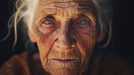 Close-up close-up of an elderly woman with wrinkles on her face