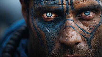 Close-up close-up of male warrior with painted face - obrazy, fototapety, plakaty
