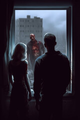 Dark Horror Scene of a Young Couple Watching Angry Creepy Zombies in Apocalyptic City Illustration
