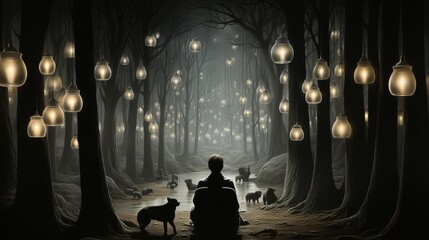 A solitary figure, surrounded by loyal canines, embraces the tranquil serenity of the night in a mystical forest, their silhouettes illuminated by the ethereal glow of a distant streetlight