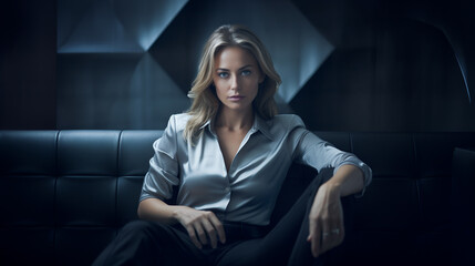 a beautiful strict blonde woman in a shirt and pants sits on the sofa and with all her looks shows who is the boss here, all in dark blue and gray tones