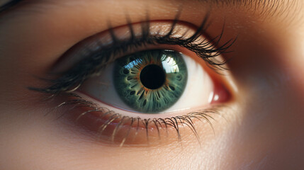 beautiful green female eye with white protein with long eyelashes with makeup and close-up
