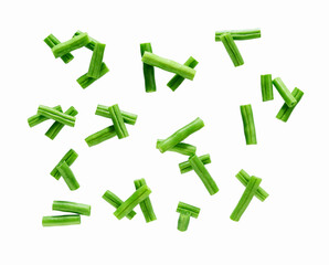 chopped green beans isolated on white background, top view.
