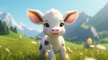 Kissenbezug Cute scene of a little calf in nature, illustration in 3d cartoon style. Created with Generative Ai technology. © Viktor