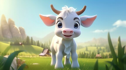 Cute scene of a little calf in nature, illustration in 3d cartoon style. Created with Generative Ai technology.