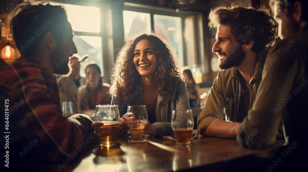 Wall mural copy space, stockphoto, students in a bar drinking beer or wine. young adult people in a pub gatheri