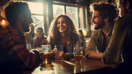 copy space, stockphoto, students in a bar drinking beer or wine. Young adult people in a pub gathering together. Togetherness. Student life. Enjoyment of young adults in a cafe. - obrazy, fototapety, plakaty