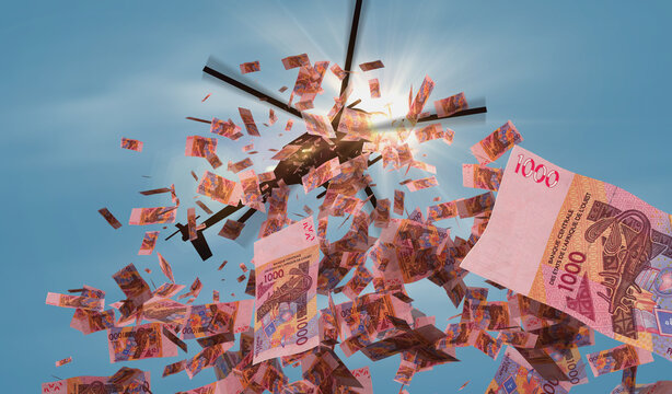 West African CFA Franc XOF 1000 banknotes helicopter money dropping 3d illustration