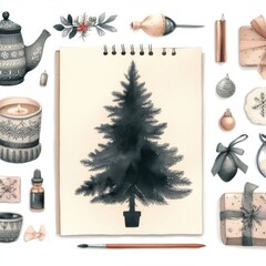 Christmas themed elements with drawing of pine tree.