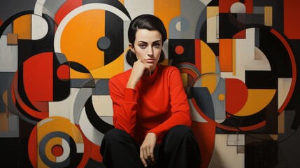 A vibrant woman adorned in unique clothing sits gracefully in front of a mesmerizing wall, exuding a sense of artistic expression within the intimate setting