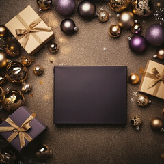 christmas balls and gift boxes on the table, top view, surround empty space,decorated christmas accessories surround,glitter,space for text center, shiny light,glitter background, generated AI