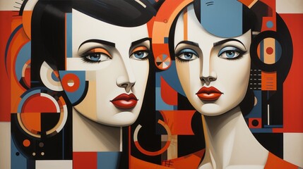 An avant-garde illustration captures the fierce beauty of two women, their lips painted with vibrant shades of lipstick as they dance across the canvas in a whimsical display of art and emotion