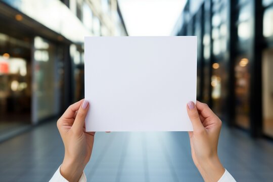 Female hands holding a white paper on a blurred background, Empty white paper holding, Place you text on white paper, a man holding white paper