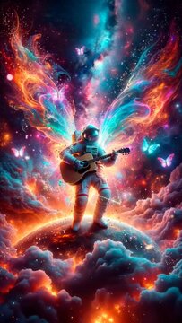 Astronaut with Butterflies Playing Guitar in Space