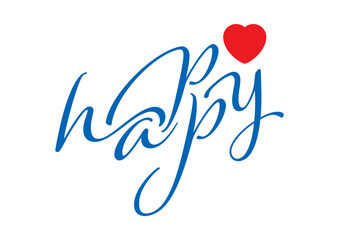 handwritten happy word and red heart symbol. happy concept with heart
