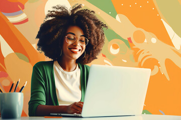 Modern Lifestyle: Smiling African American Woman with Laptop in Colorful Creative Workspace
 - obrazy, fototapety, plakaty