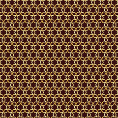 Abstract golden vector geometric seamless pattern. Traditional oriental ornament with outline stars, mesh, grid, flower silhouettes. Elegant repeat geo design.