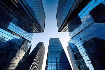 Reflective skyscrapers, business office buildings.