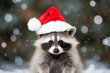 Fototapeta na wymiar A cute festive raccoon wearing a Christmas santa hat. Holiday animal portrait