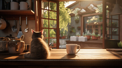 a cat sits on the windowsill next to him a cup in the kitchen with an open window and pleasant evening sunlight falling on the windowsill, a pleasant home atmosphere