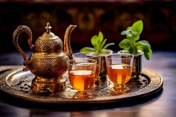 Traditional Moroccan tea set with decorative teapots, glasses, and mint leaves. - obrazy, fototapety, plakaty