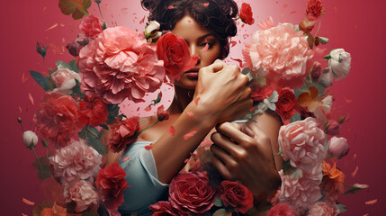 a strong brunette smashes a beautiful bouquet of red and pink flowers with her fists on a pink background