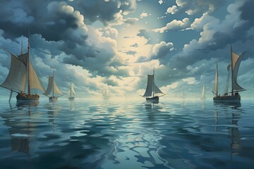 Several boats grouped together in water underneath a sky filled with clouds. Generative AI - obrazy, fototapety, plakaty