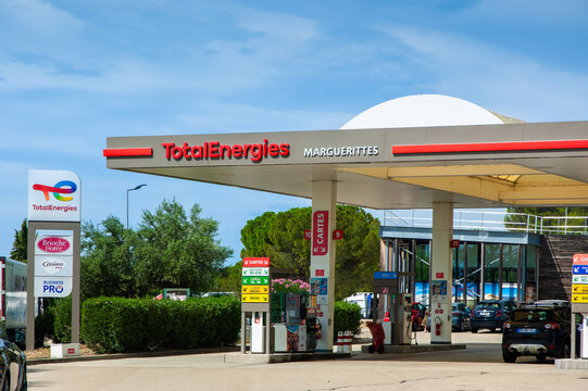 Marguerittes, France - July 31, 2023 - Service area and gas station of Aire de Nimes-Marguerittes along the A7 highway