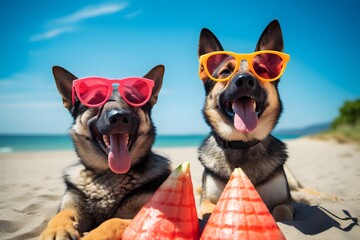 Funny couple dogs at the beach on summer vacation holidays.