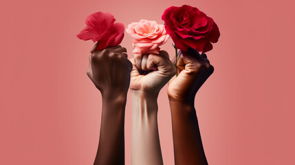 three female hands of different races, the palms of which are clenched into fists, each of which has a single rose flower on a soft pink background