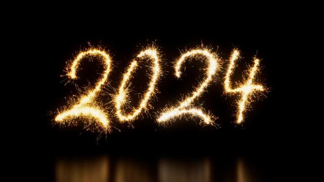 Gold Sparkler Firework Text with 2024 Caption on Black. Animated New Year Banner. Seamless Loop.