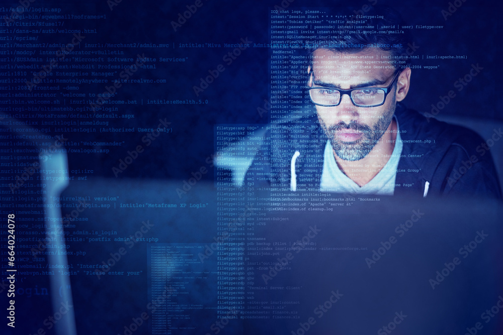 Aufkleber Hacker, code and overlay with man and computer for scam, cyber security and password theft. Phishing, technology and night with person and online crime for crypto, malware and finance fraud software