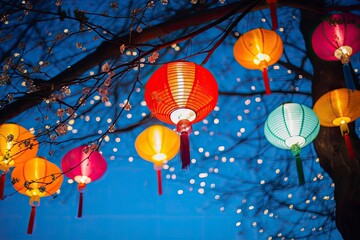 Colorful festival lanterns during the Chinese traditional holiday season. - obrazy, fototapety, plakaty