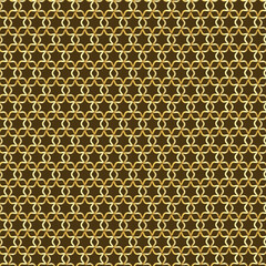 Abstract golden vector geometric seamless pattern. Traditional oriental ornament with outline stars, mesh, grid, flower silhouettes. Elegant repeat geo design.