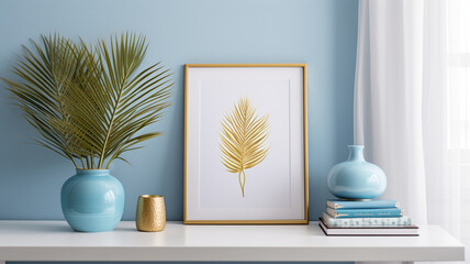 a vase with plants and a frame on a light table near a white wall in the living room.