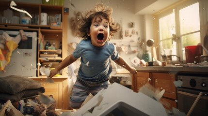 the child in the room jumped up with a cheerful cry, the room is chaotic and messy, various objects are flying - obrazy, fototapety, plakaty