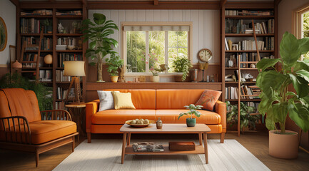 Stylish scandinavian living room with design furniture, plants, bookstand and wooden desk. Modern decor of bright room. Created with Generative AI
