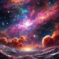 Obraz na płótnie Canvas stunning cosmic landscape, radiant nebula, star clusters and gas clouds shining brightly, celestial, otherwordly, abstract, space art