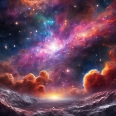 Fototapeta premium stunning cosmic landscape, radiant nebula, star clusters and gas clouds shining brightly, celestial, otherwordly, abstract, space art